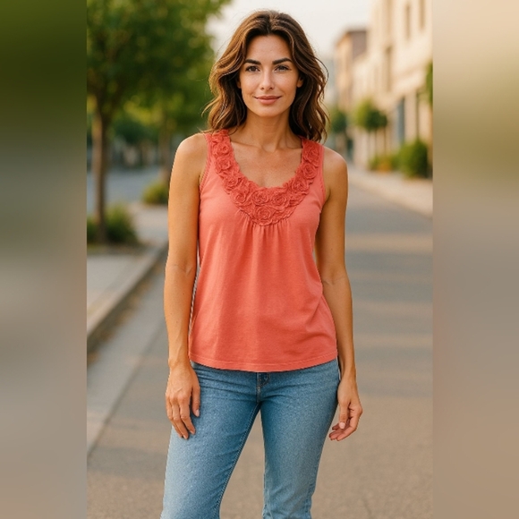 ELLE- Tank Top Blouse With Flowers A long V-Neck Line, Coral Color, Size Small, - Picture 2 of 12